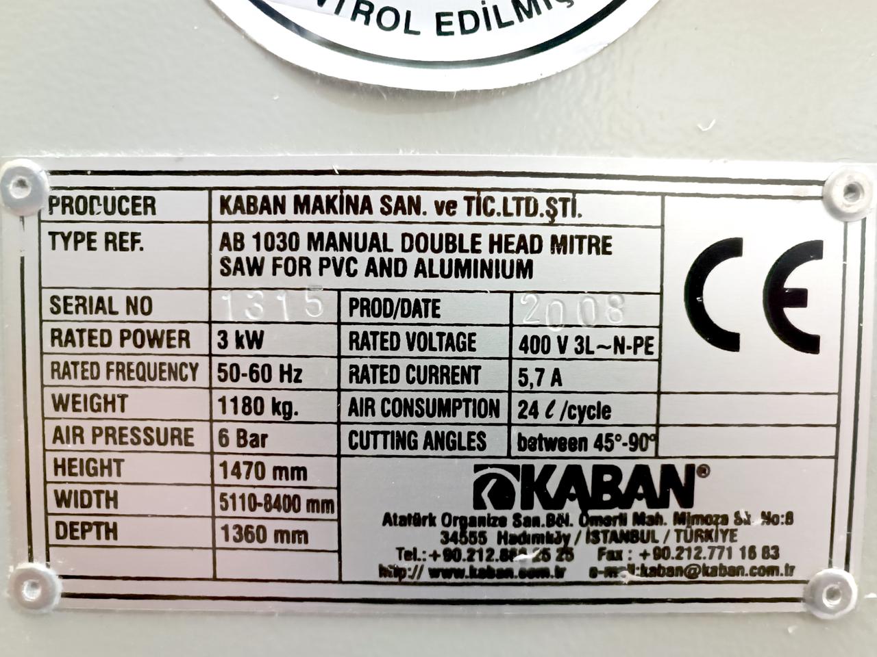 KABAN AB 1030 Двухголовочный станок-полуавтомат с фронтальной подачей пильных дисков диаметром 420 мм для резки профиля из ПВХ и алюминия (Б/У оборудование)