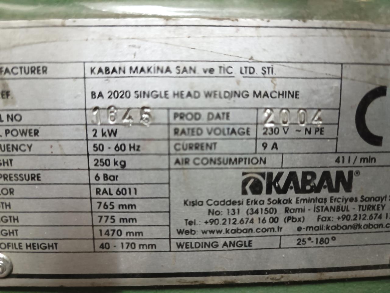 KABAN BA 2020 Одноголовочный сварочный станок для окон ПВХ (Б/У оборудование)