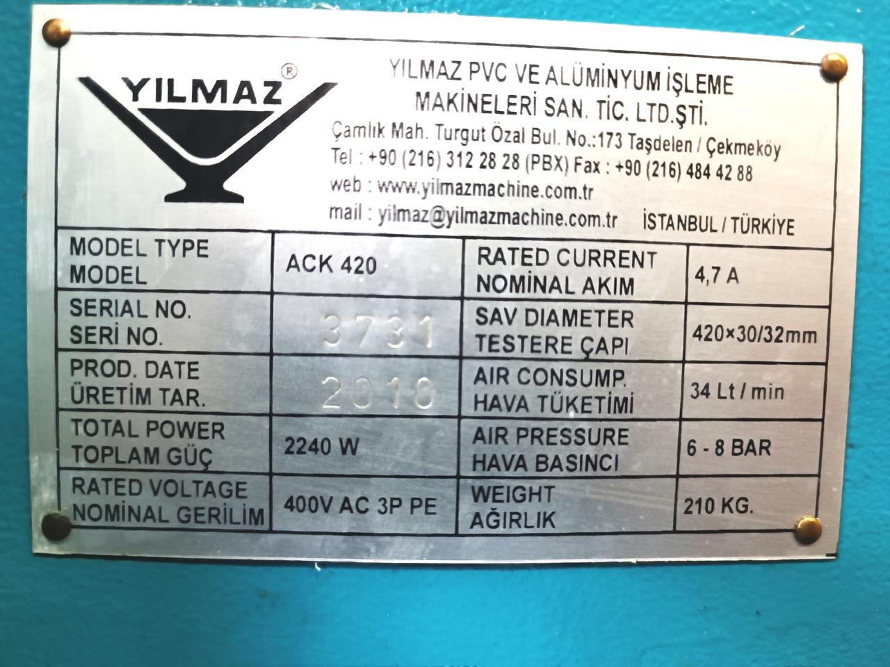 YILMAZ ACK 420 S Одноголовочная пила с нижней подачей пильного диска для резки заготовок из ПВХ и AL профиля (Б/У оборудование)