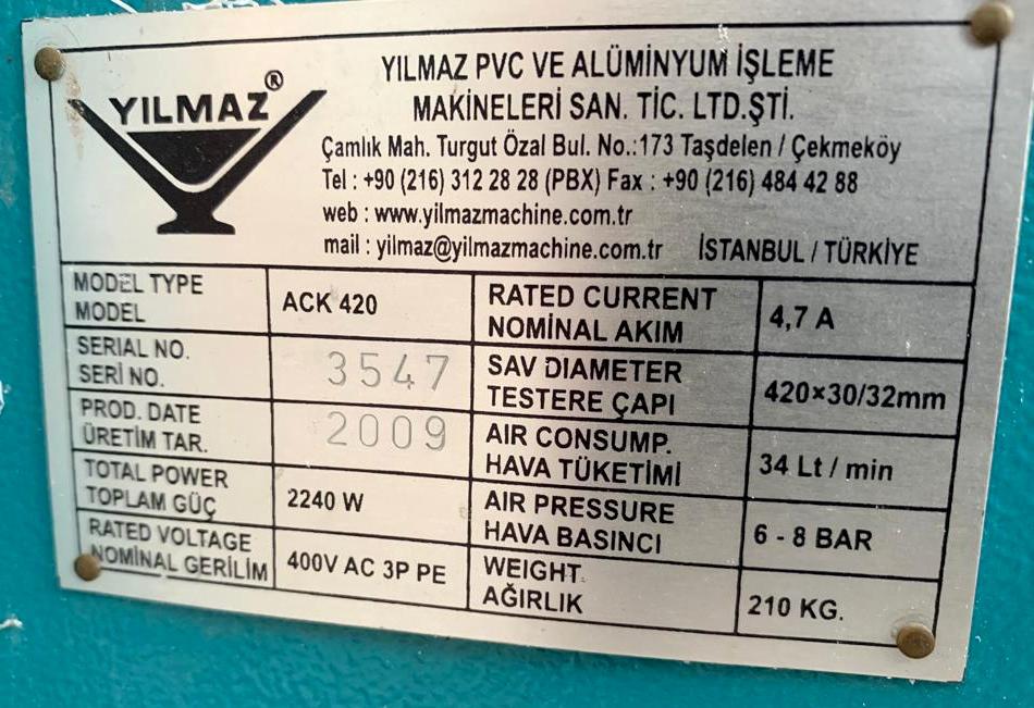 YILMAZ АСК 420 Одноголовочная пила с нижней подачей пильного диска для ПВХ и алюминиевого профиля (Б/У оборудование)