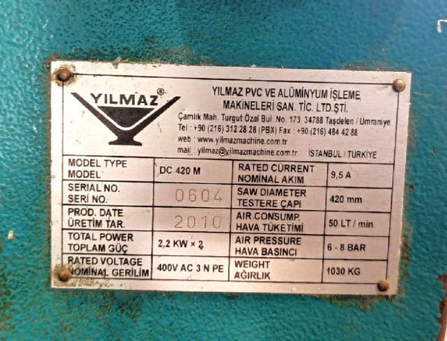 YILMAZ DC 420 M Полуавтоматическая двухголовочная пила с фронтальной подачей пильных дисков для ПВХ и алюминиевого профиля (Б/У оборудование)