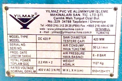 YILMAZ DC 420 P Автоматическая двухголовочная пила с тактовым резом для закладных и фронтальной подачей пильных дисков для алюминиевого профиля с охлаждением (Б/У оборудование)