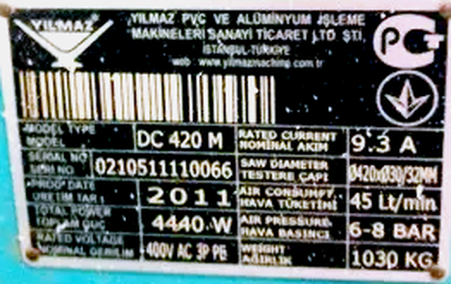 YILMAZ DC 420 M Полуавтоматическая двухголовочная пила с фронтальной подачей пильных дисков для ПВХ и алюминиевого профиля 